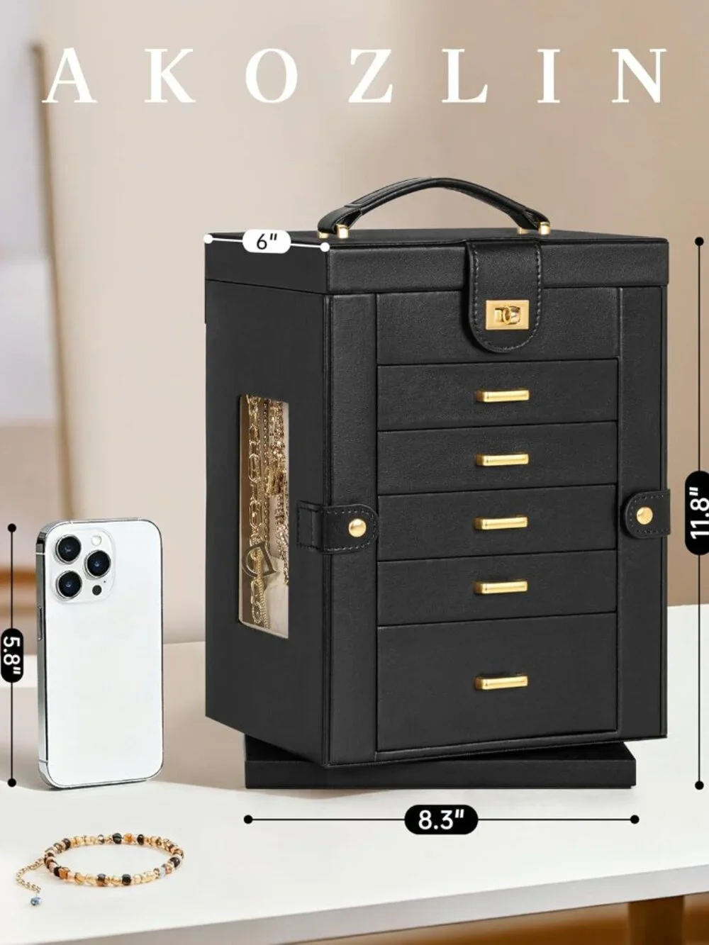 Elegant 6-Tier Leather Jewelry Organizer with Mirror & 360° Rotation